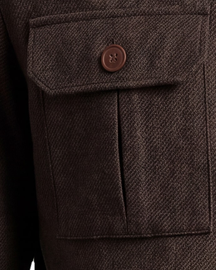 Mørkebrun uld shirt jacket, nærbillede af materialet