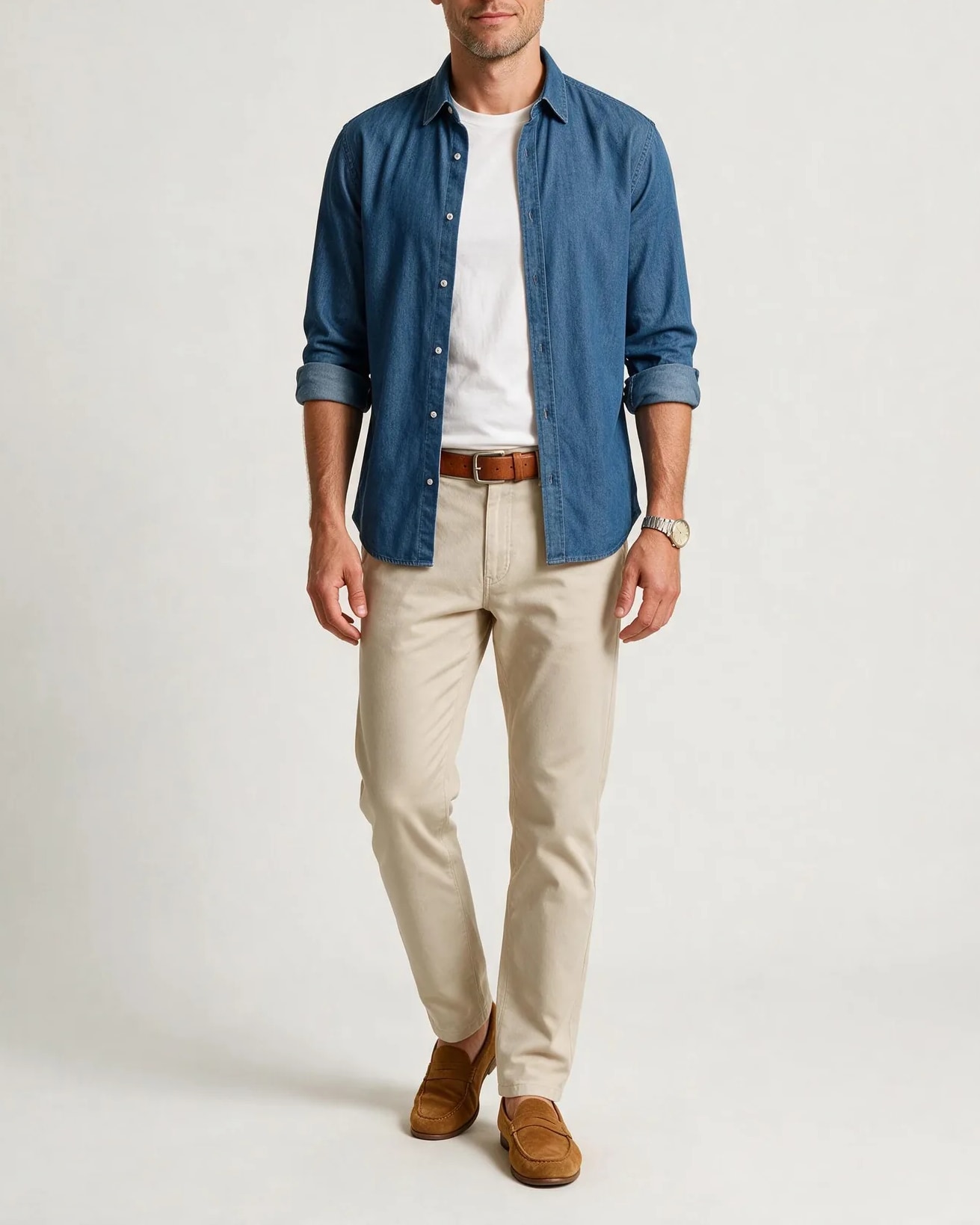 Mid Blue Denim Shirt, on model