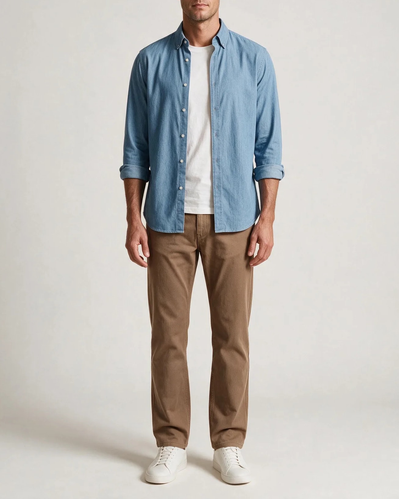 Light Blue Denim Shirt, on model