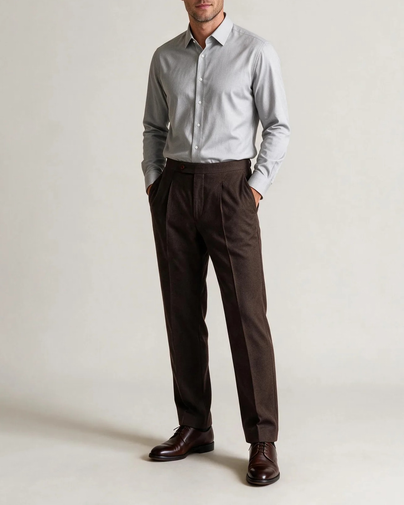 Light Grey Twill Shirt, on model