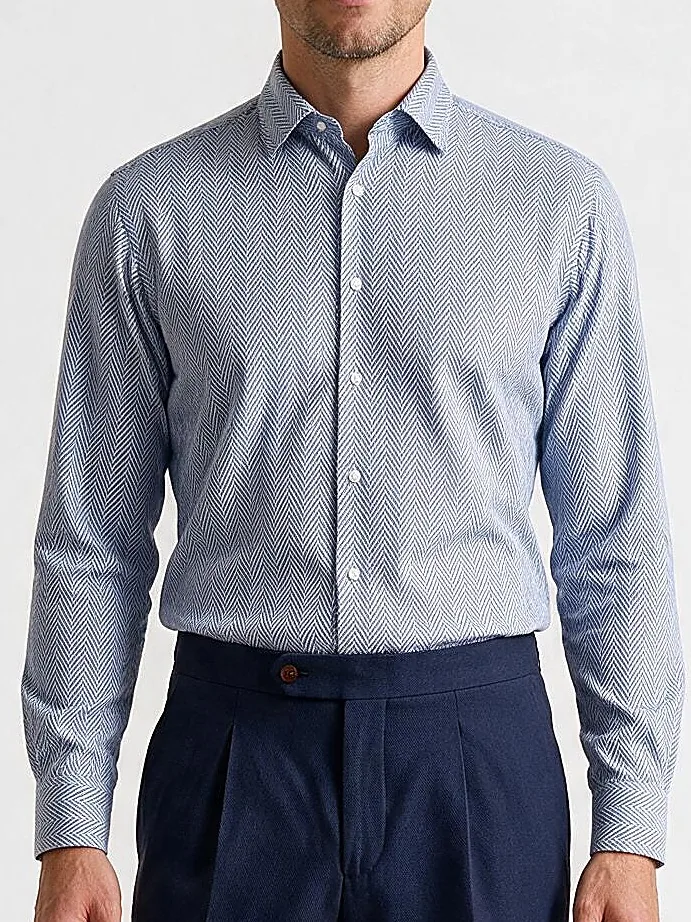 Mid Blue Herringbone Shirt, collar detail