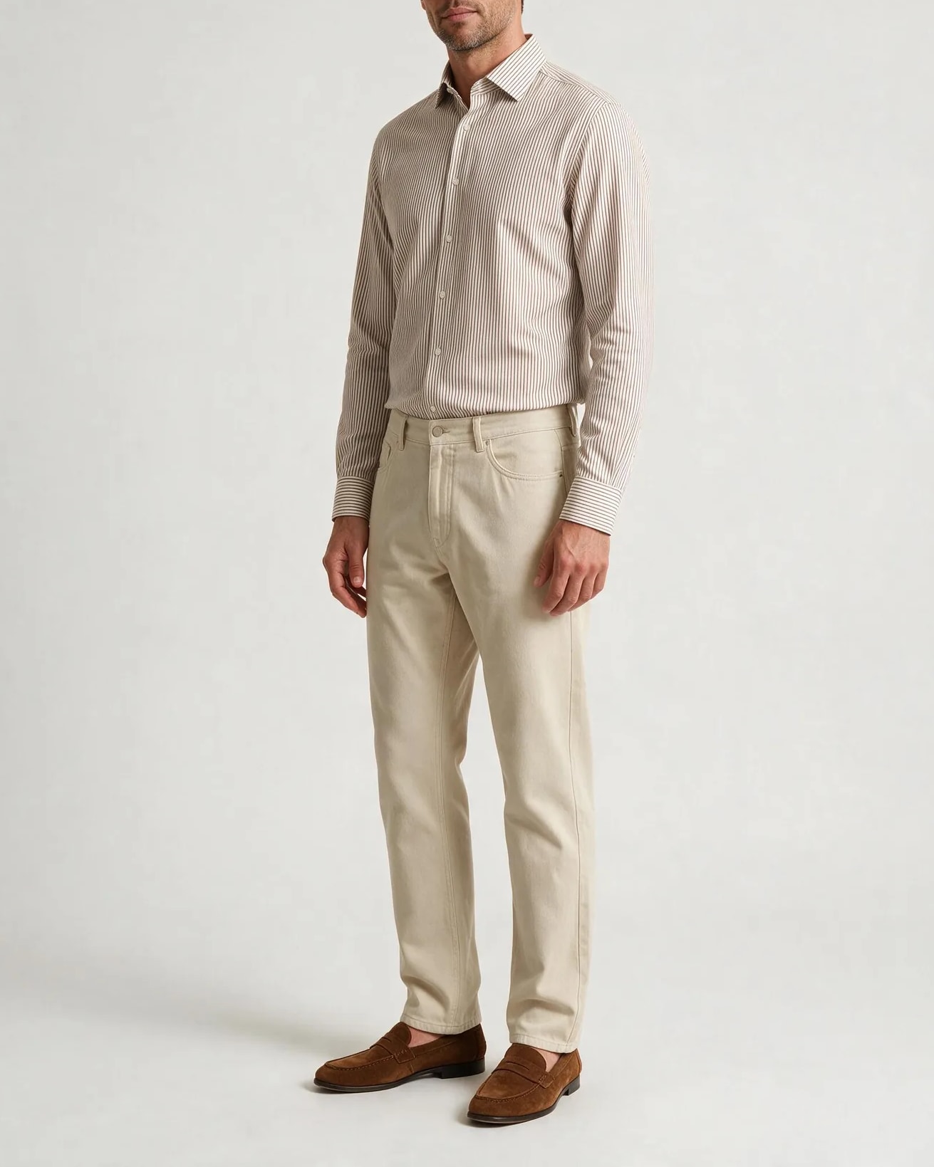 Cremefarvet med brune striber pinstripe skjorte, på model