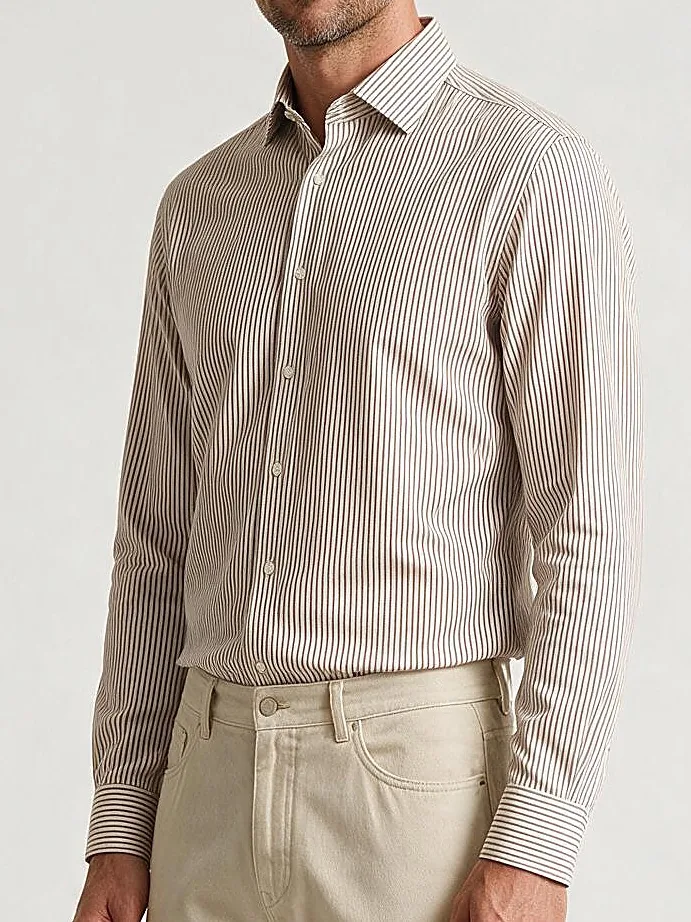 Cream with Brown Stripes Pinstripe Shirt, collar detail