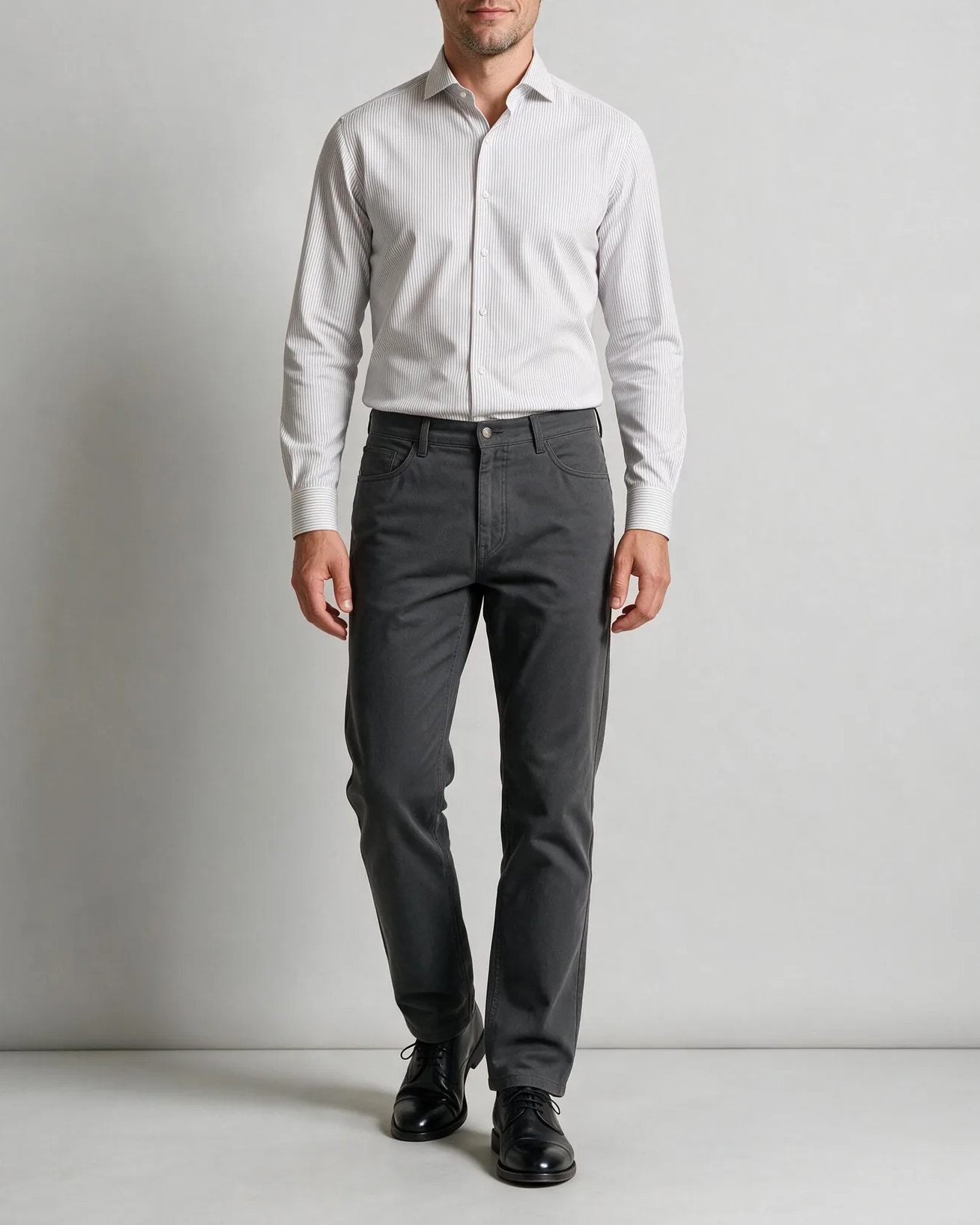 White Pinstripe Shirt, on model