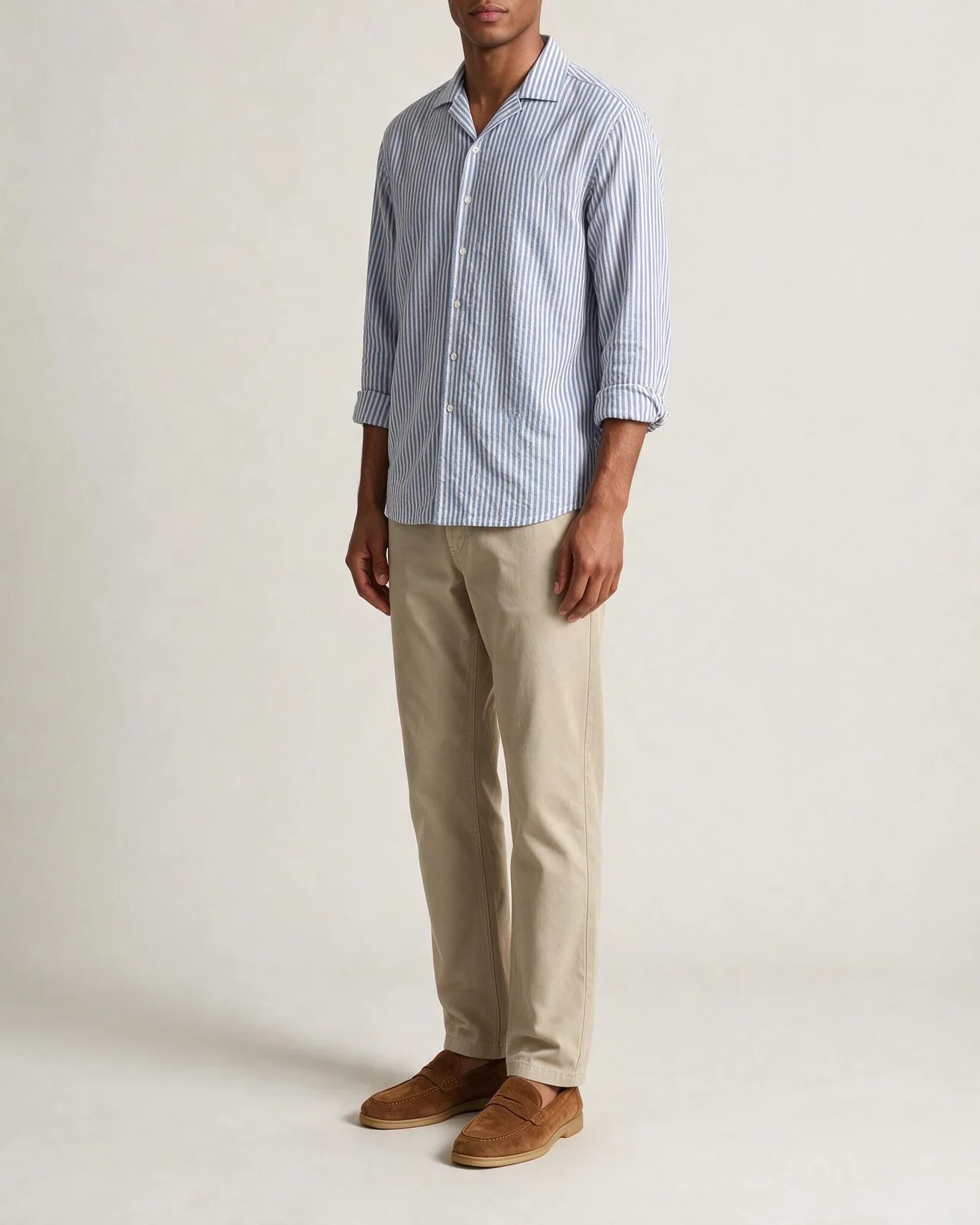 Light Blue Striped Seersucker Shirt, on model
