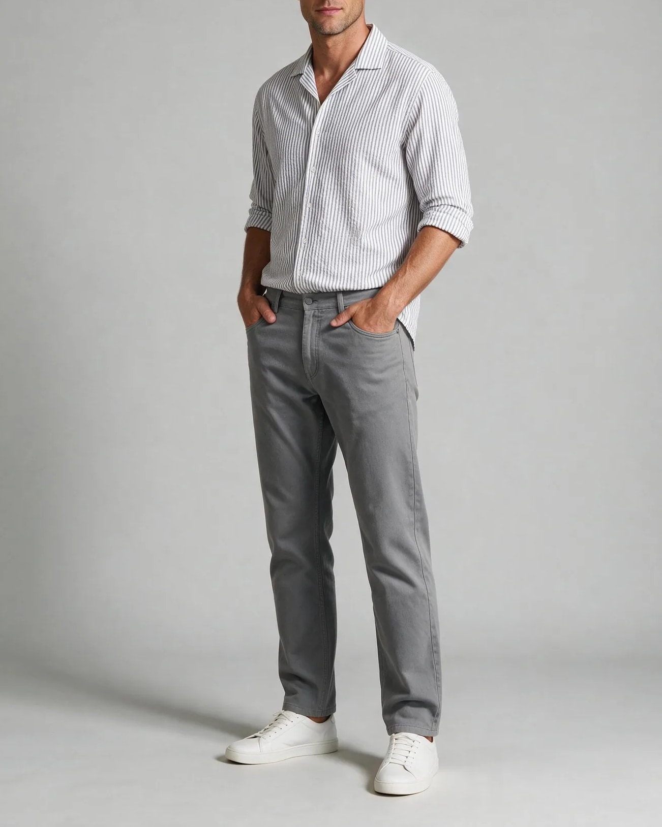 Grey and White Striped Shirt, on model