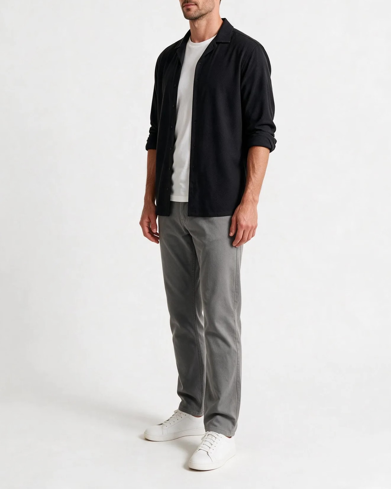 Black Heavy Cotton Shirt, on model