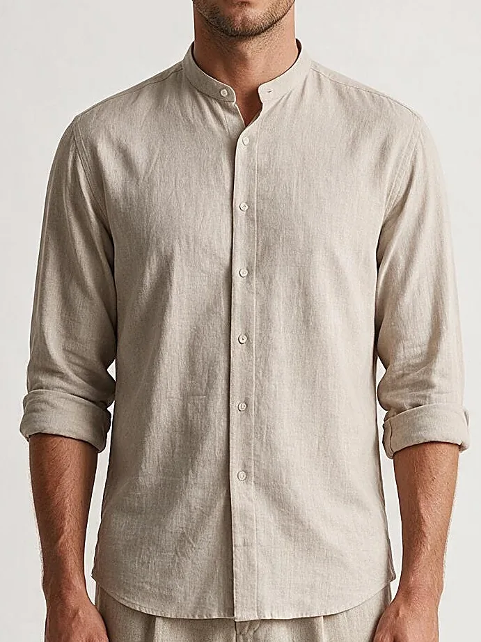 Off-White Linen Shirt with Mandarin Collar, collar detail