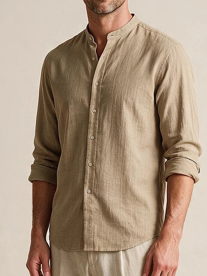Sand Linen Shirt with Mandarin Collar, collar detail