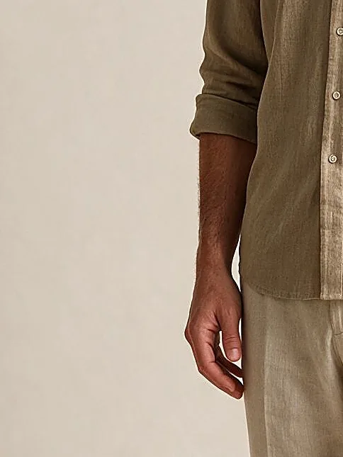 Sand Linen Shirt with Mandarin Collar, cuff detail