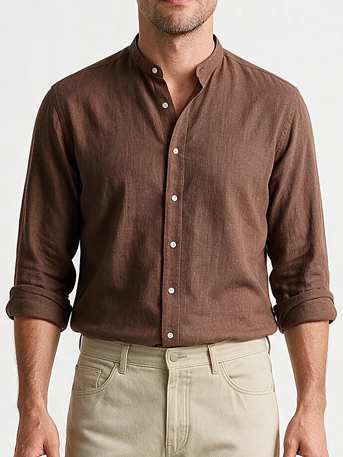 Brown Linen Shirt with Mandarin Collar, collar detail
