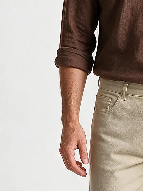 Brown Linen Shirt with Mandarin Collar, cuff detail