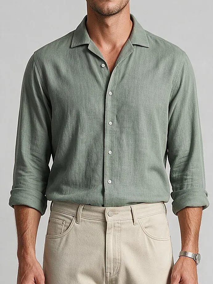 Light Olive Linen Shirt, collar detail