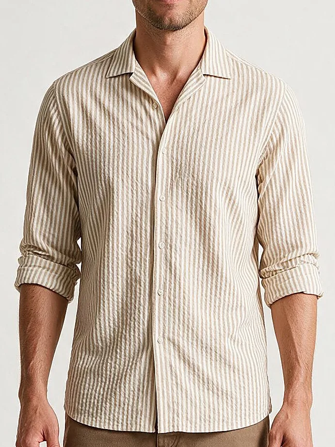 Sand Striped Seersucker Shirt, collar detail