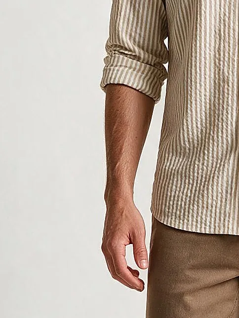 Sand Striped Seersucker Shirt, cuff detail