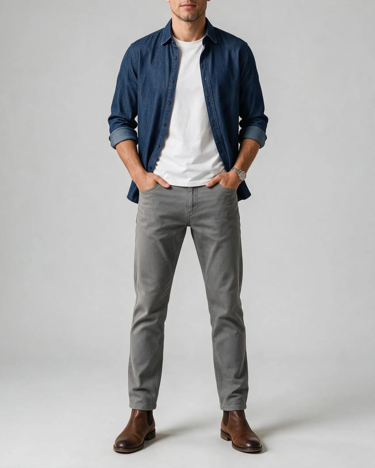 Dark Navy Denim Shirt, on model