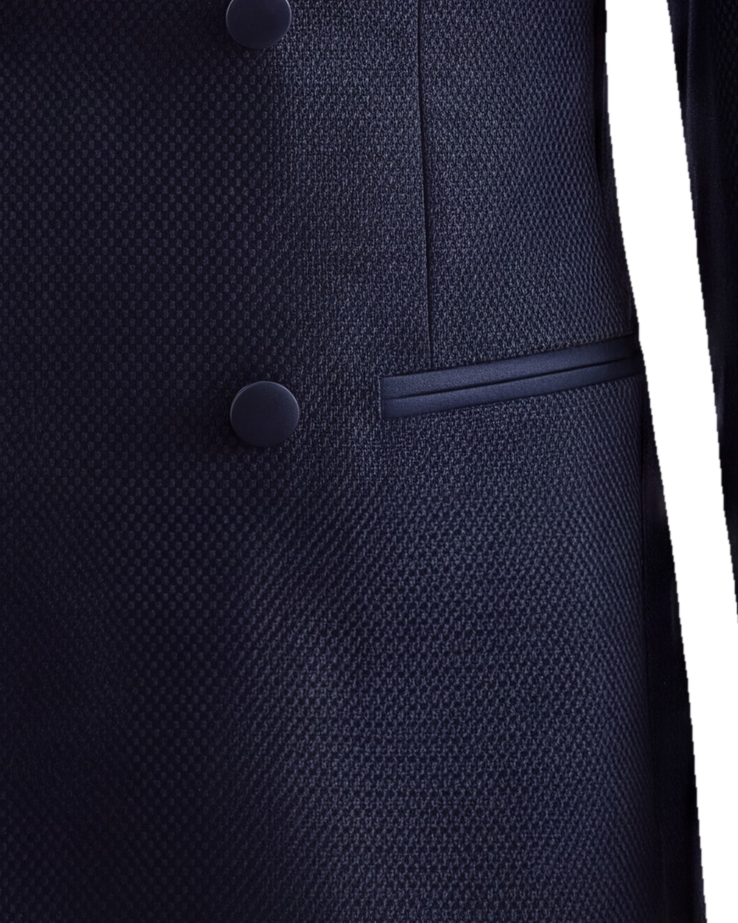 Navy dobbeltradet uld smoking, detalje af lommen