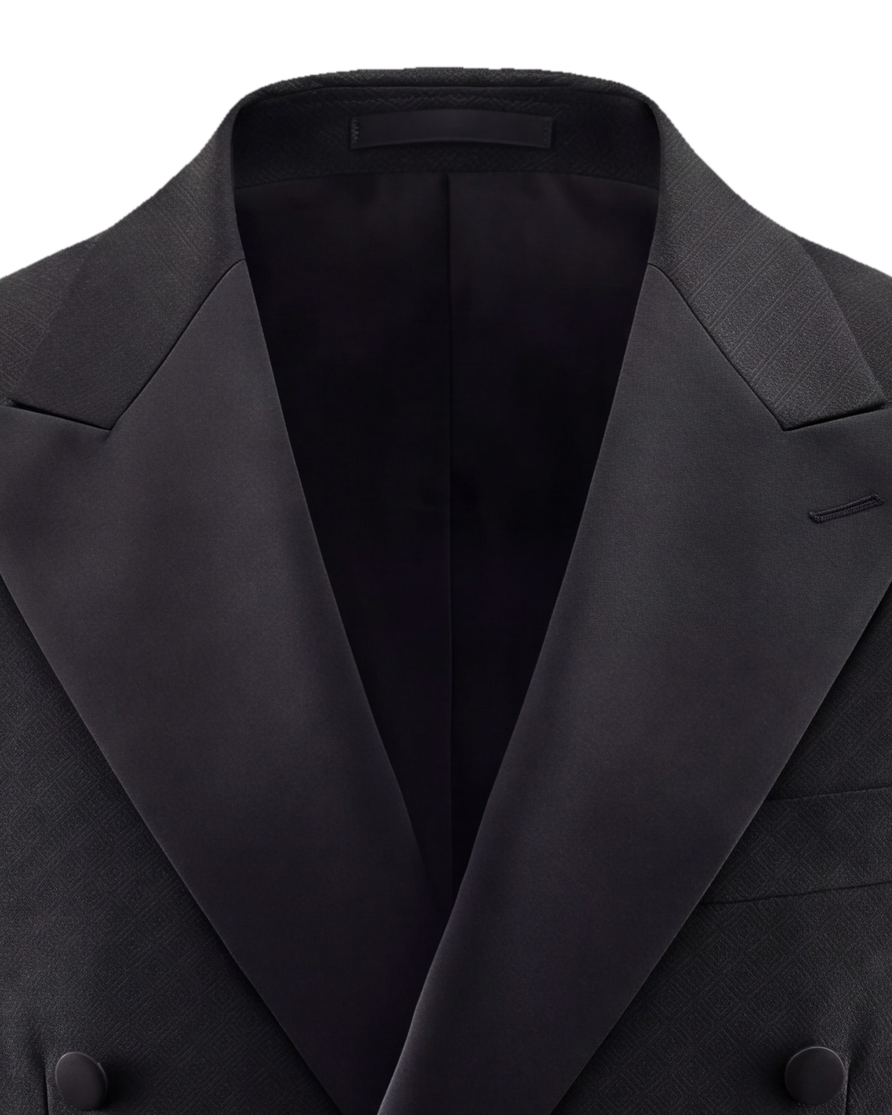 Black Double-Breasted Wool Jacquard Dinner Jacket, collar detail
