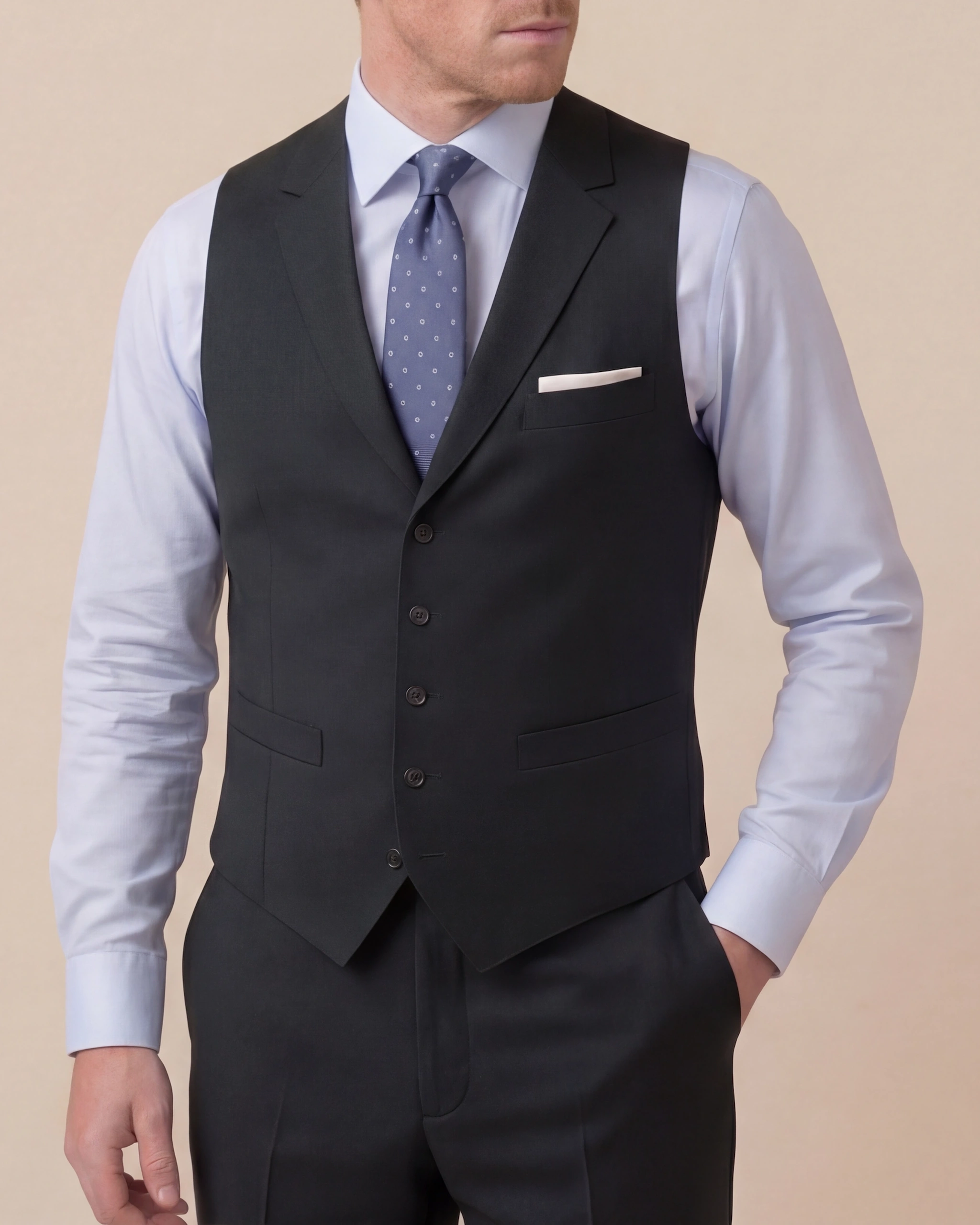 Black Super 120s Wool Waistcoat, on model