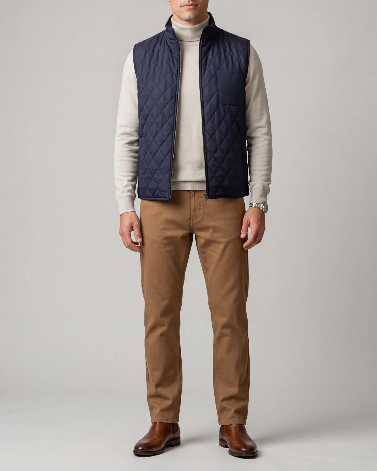Navy Quilted Gilet, on model