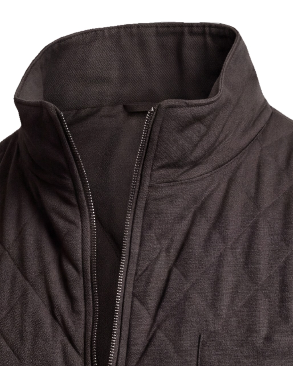 Mørkebrun quiltet gilet, detalje af kraven
