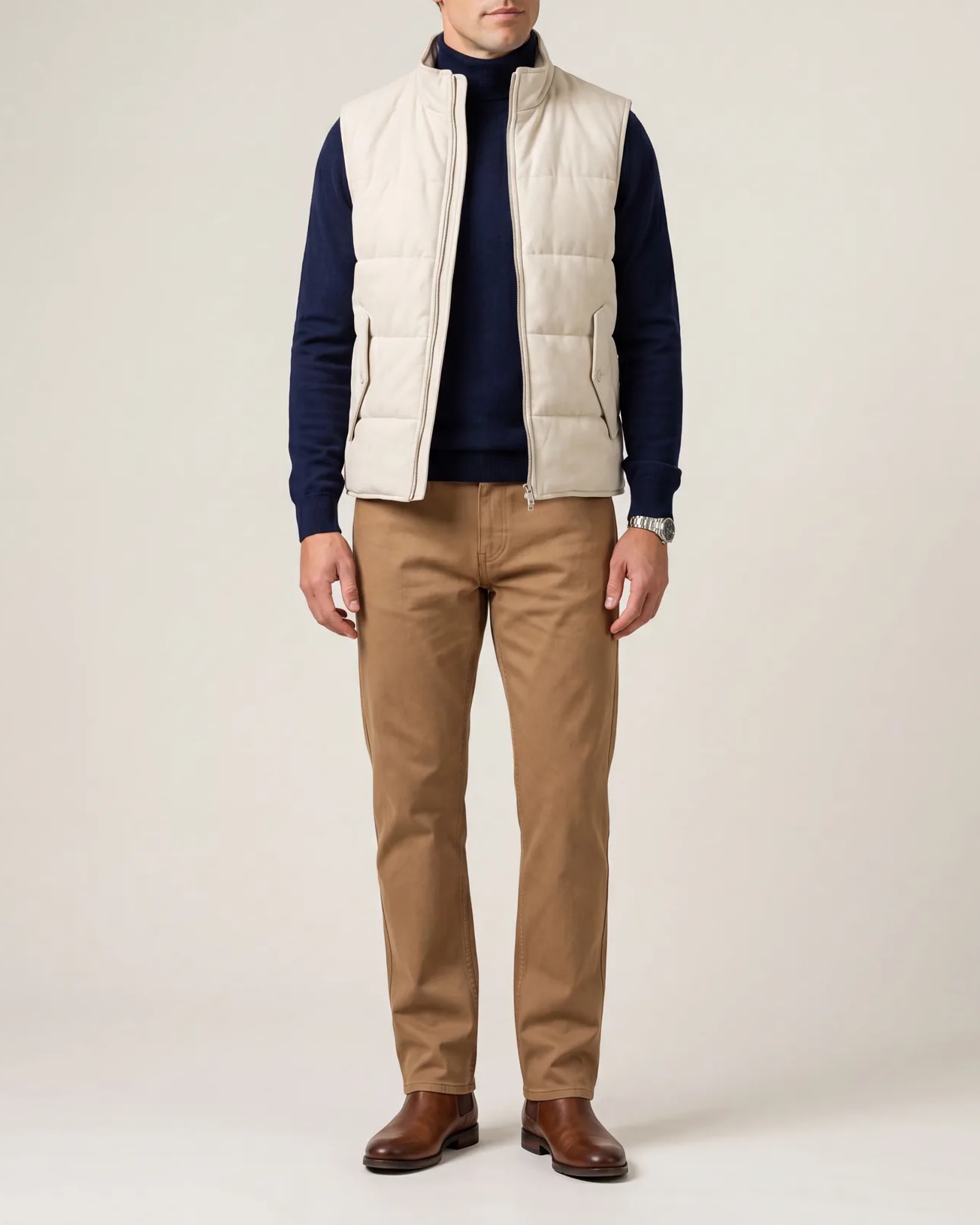 Beige Panelled Gilet, on model