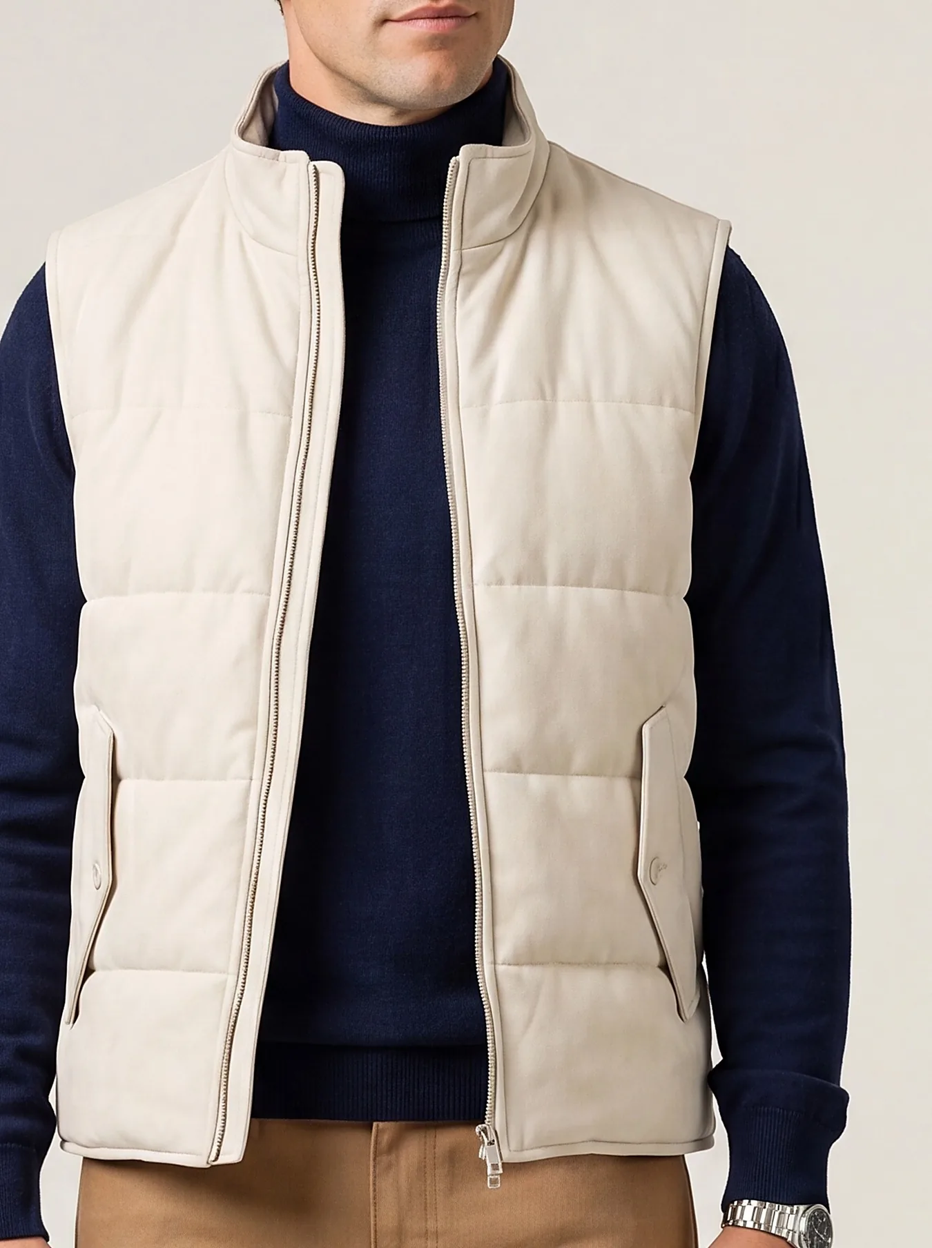 Beige Panelled Gilet, collar detail