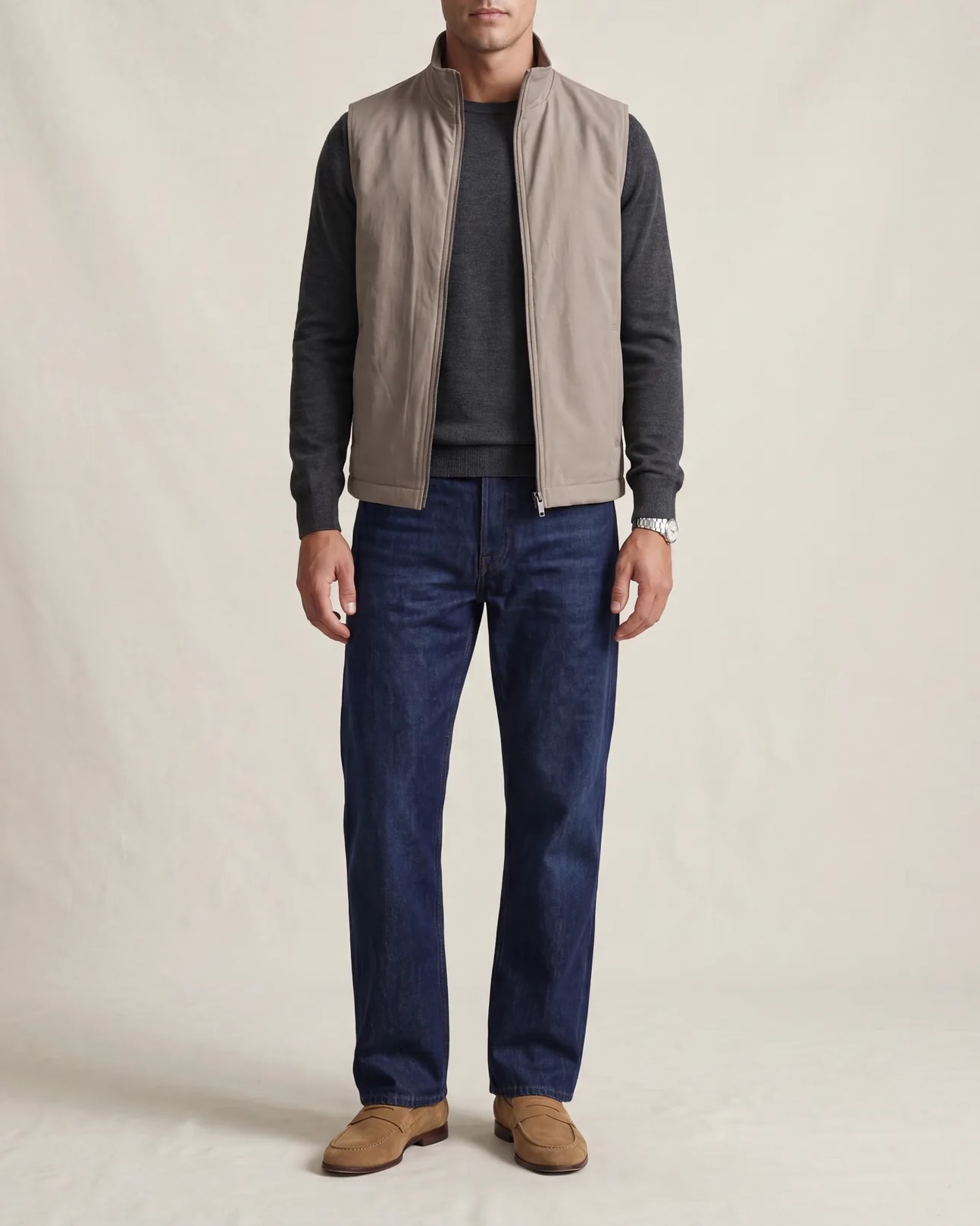 Light Brown Seasonal Gilet, on model