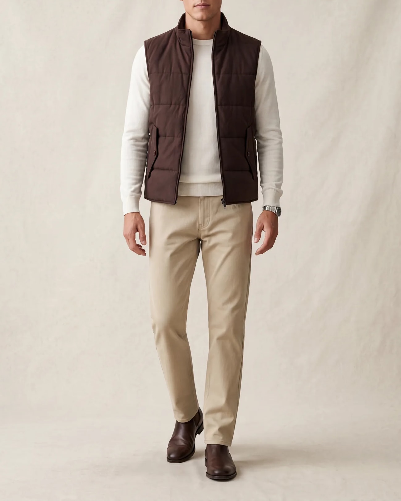 Brown Panelled Gilet, on model