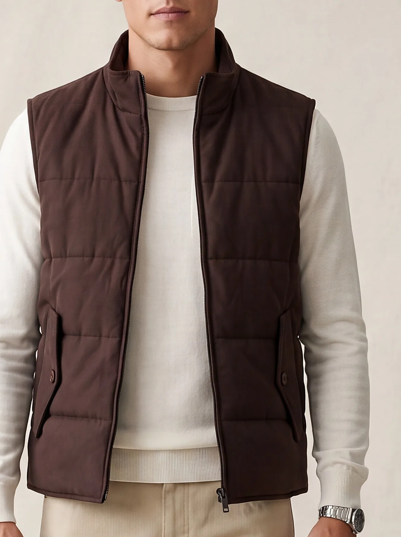 Brown Panelled Gilet, collar detail