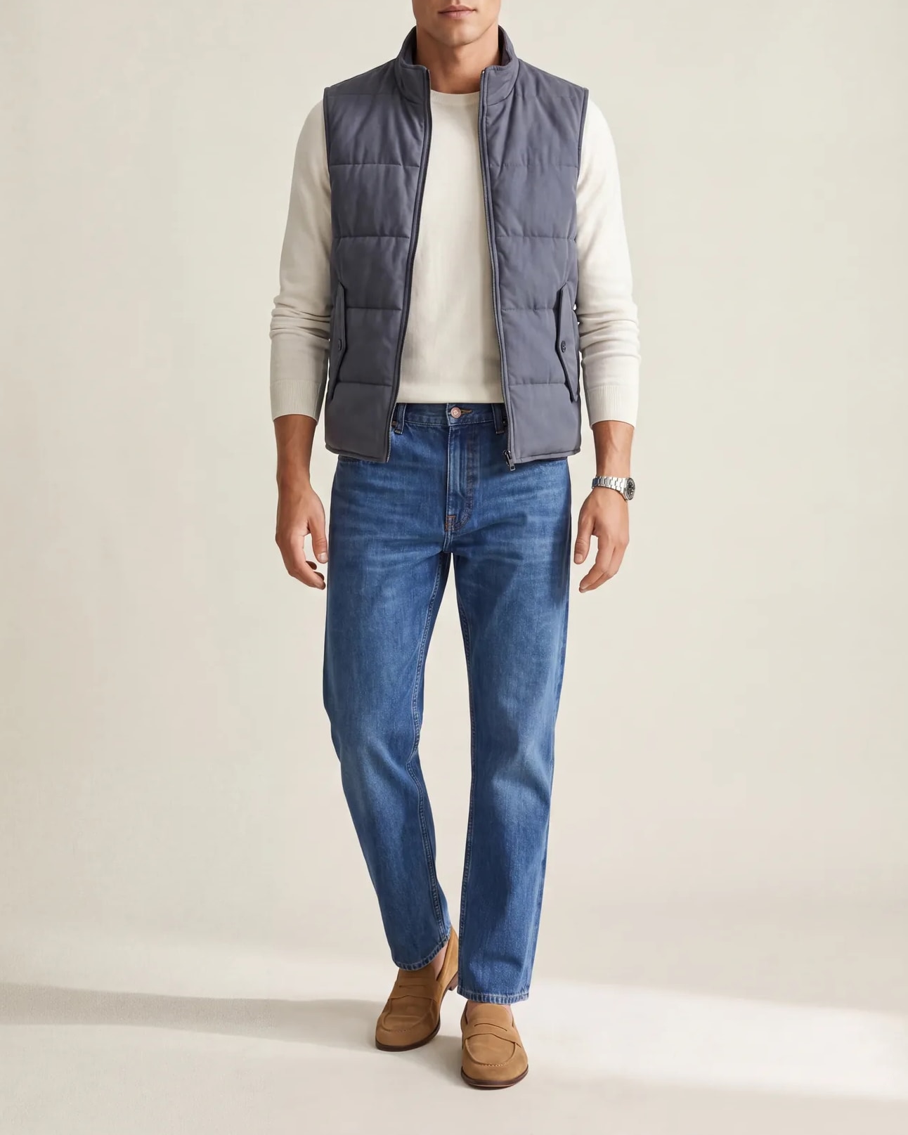 Navy Panelled Gilet, on model