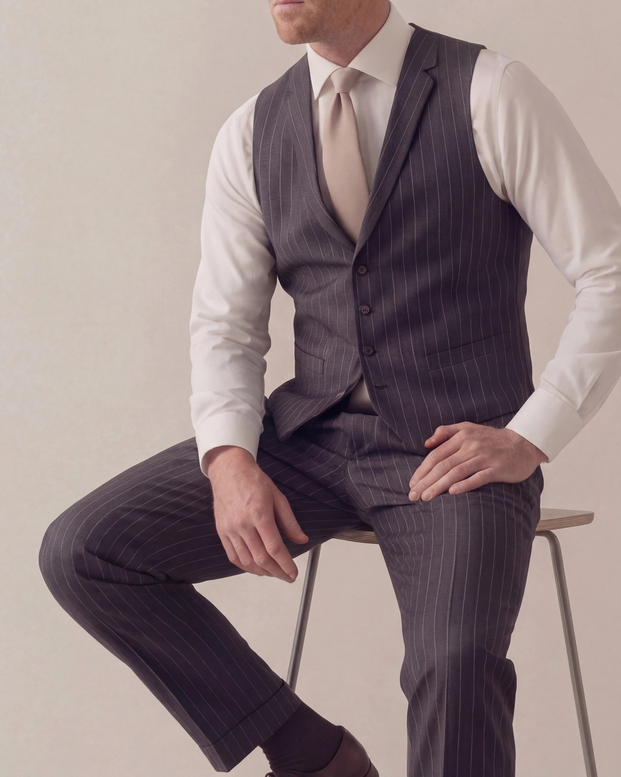 Charcoal Pinstripe S130 Wool Waistcoat, on model