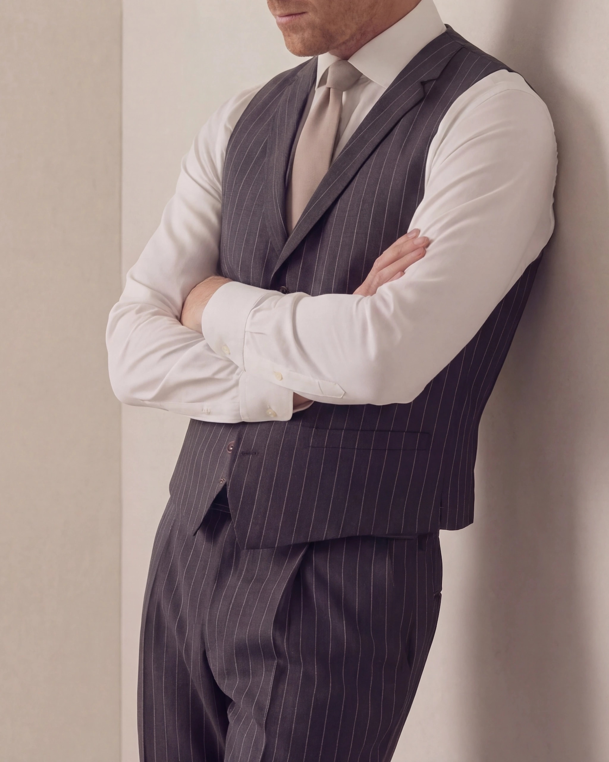 Charcoal Pinstripe S130 Wool Waistcoat, on model