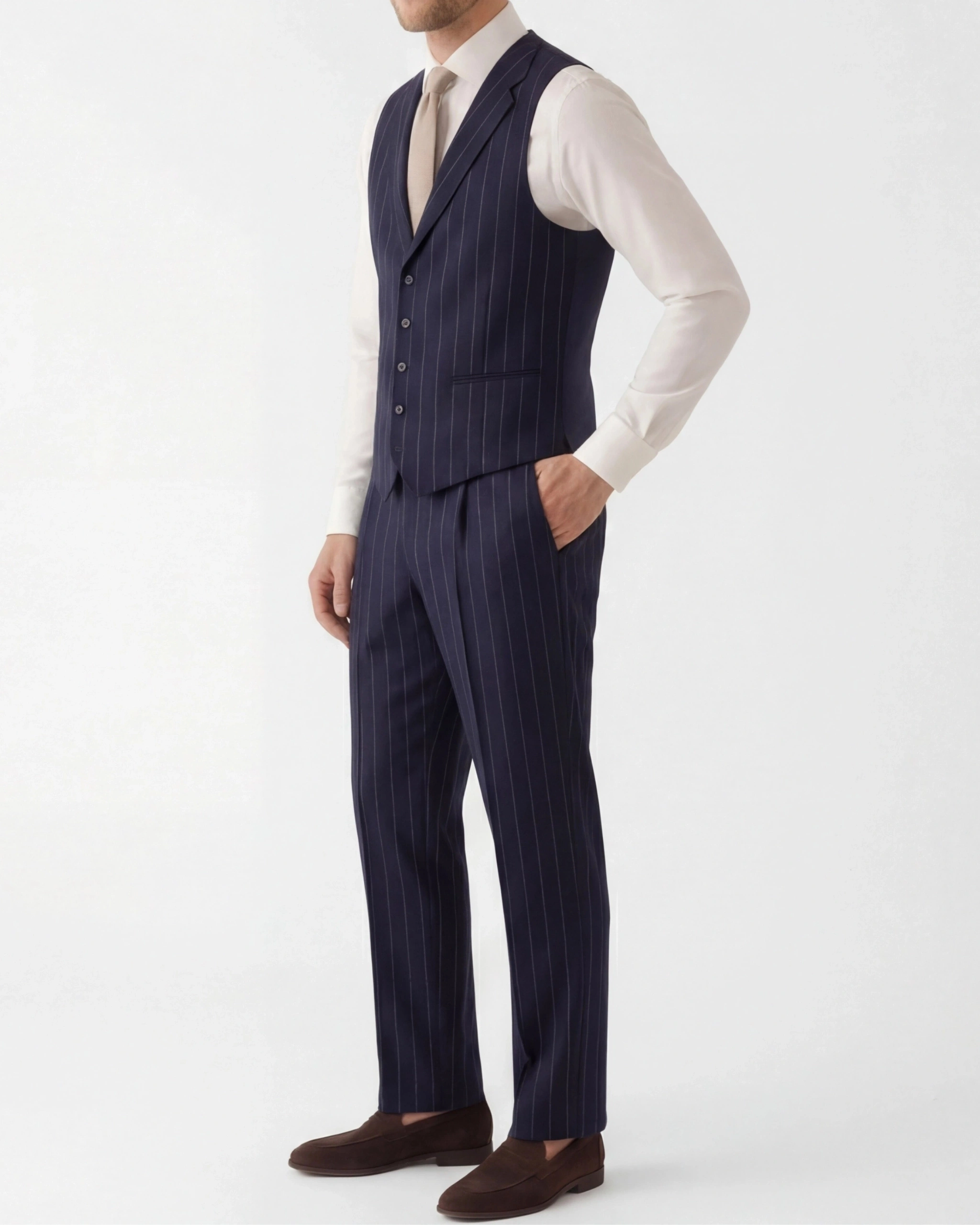 Navy nålestribet Super 130s uld vest