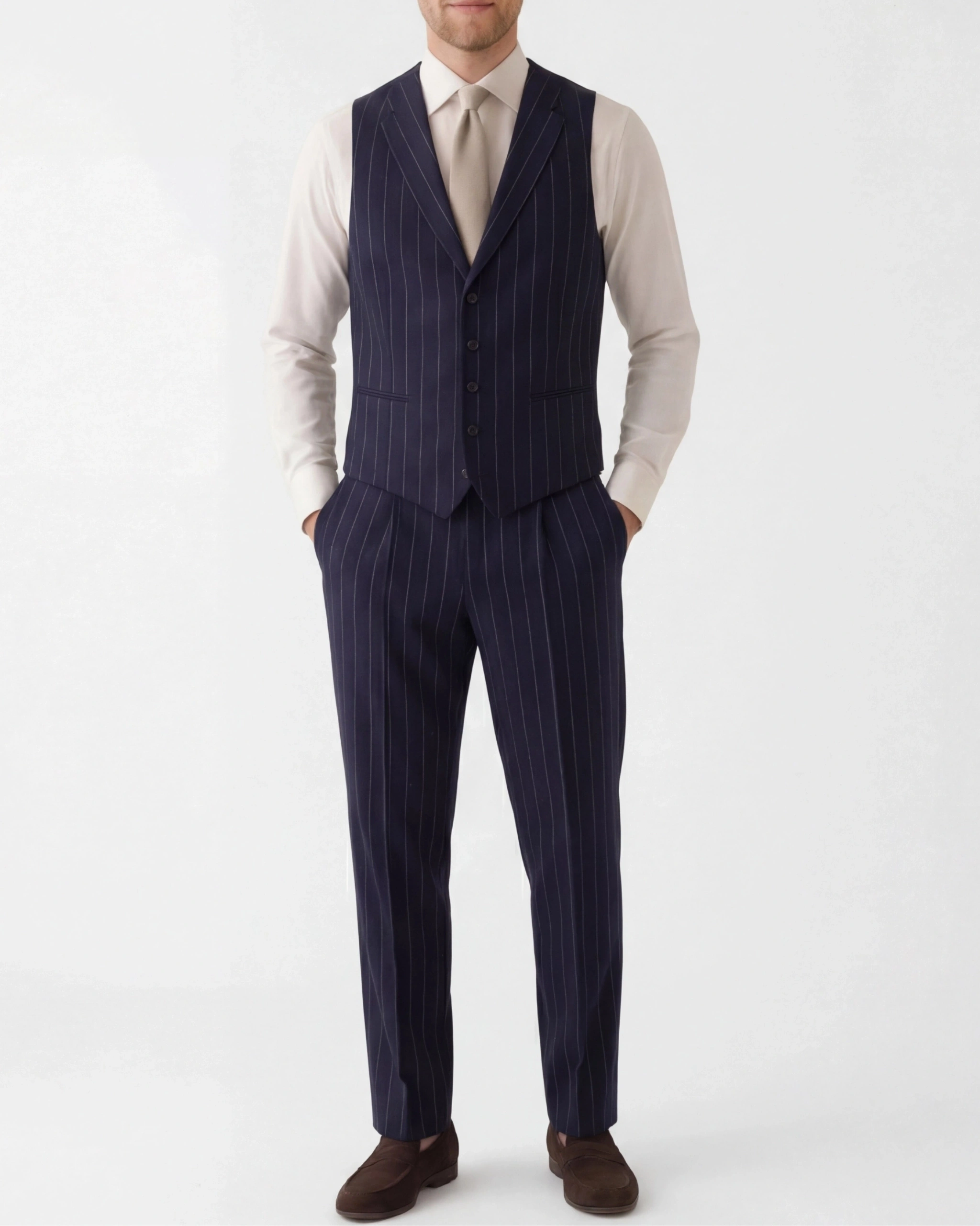 Navy nålestribet Super 130s uld vest