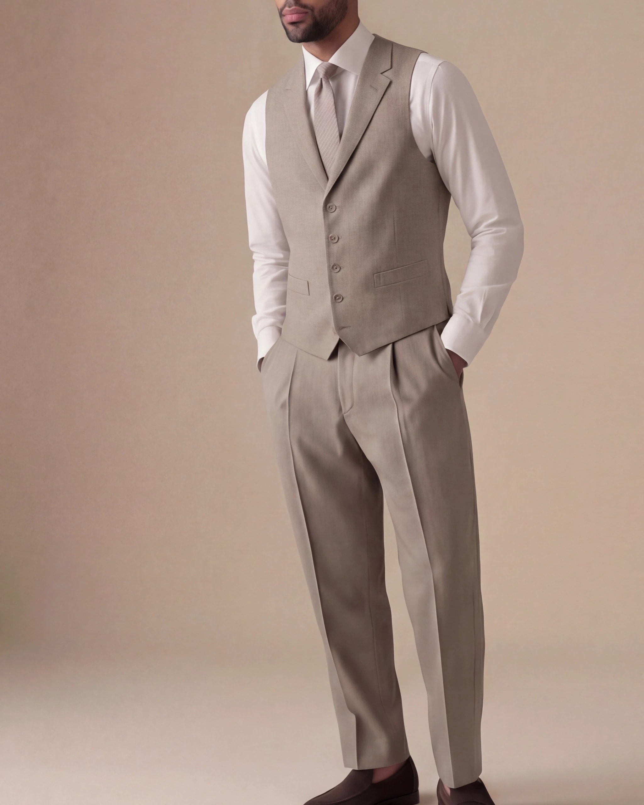 Lys beige Super 130s uld vest, på model