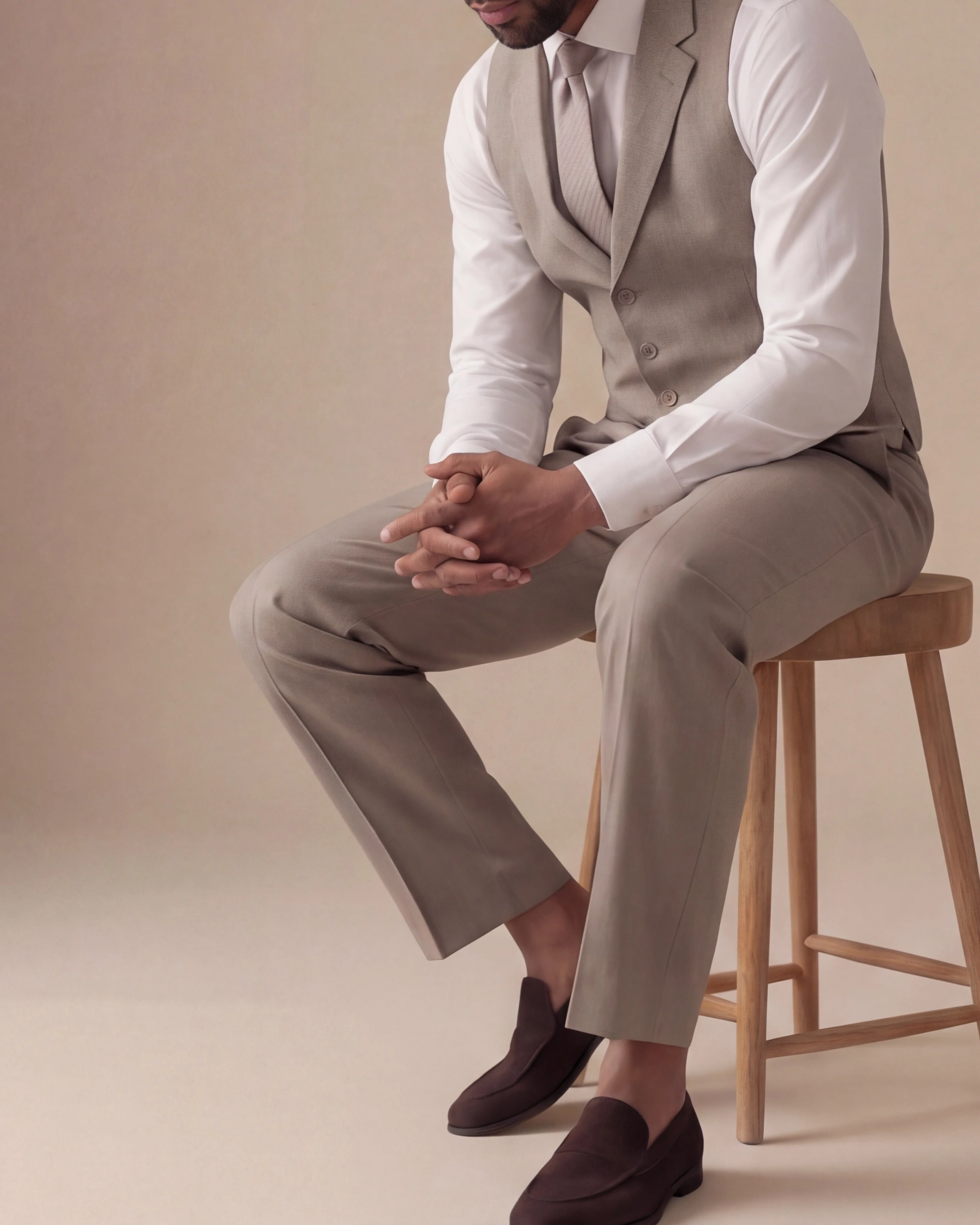 Light Beige Super 130s Wool Waistcoat, on model