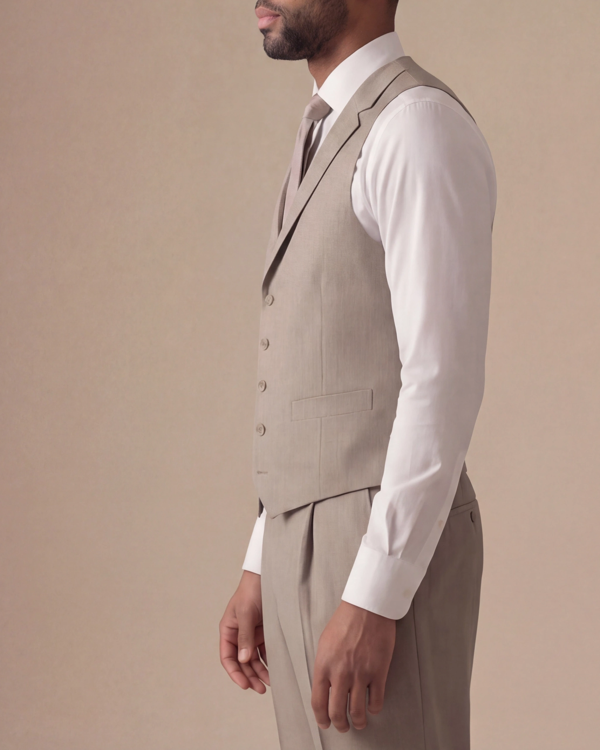 Light Beige Super 130s Wool Waistcoat, on model