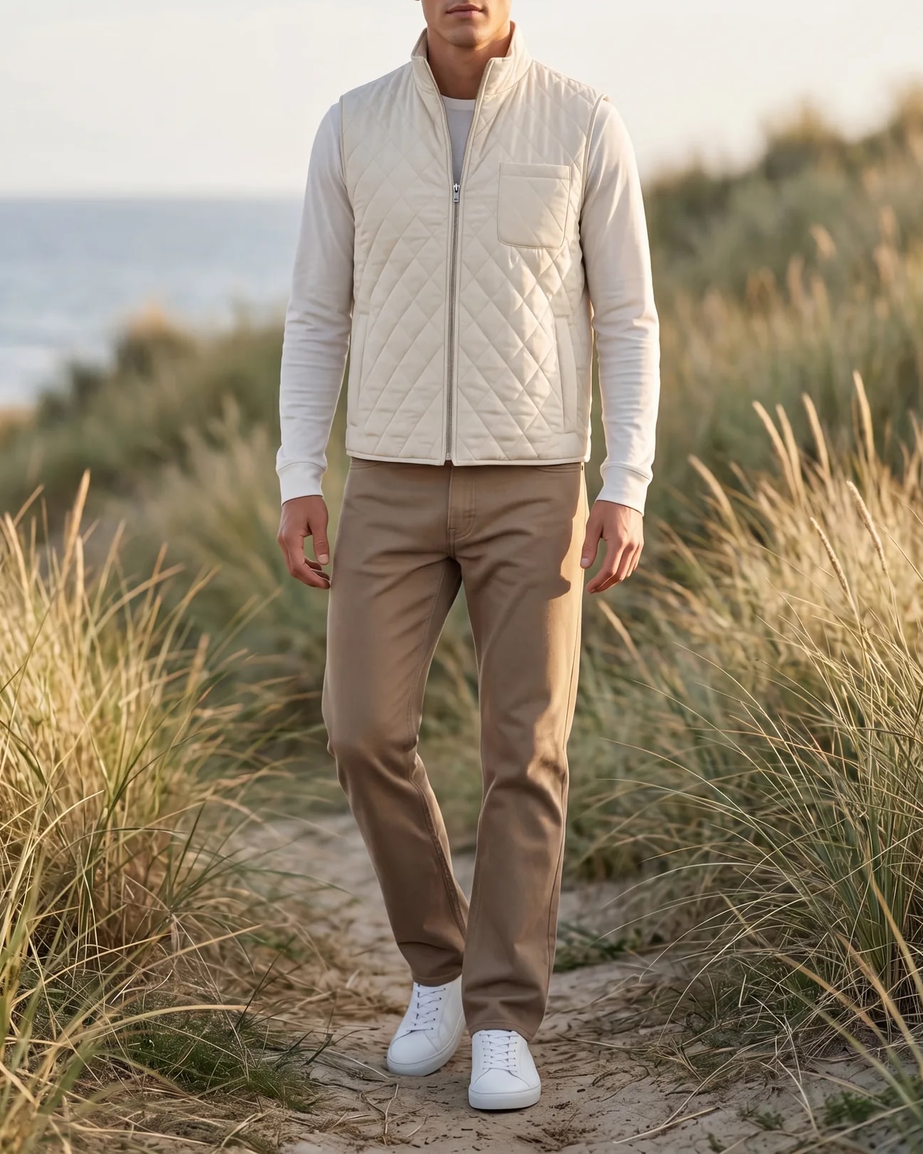 Cream Quilted Gilet, on model