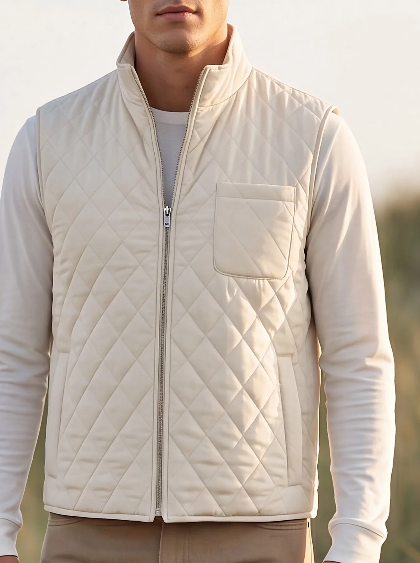 Cream Quilted Gilet, collar detail