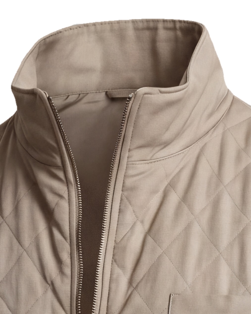 Stenfarvet quiltet gilet, detalje af kraven