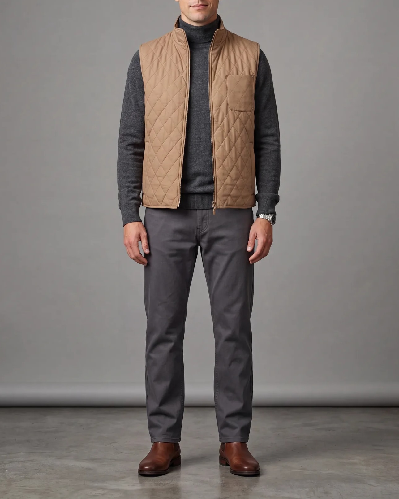 Camel Quilted Gilet, on model