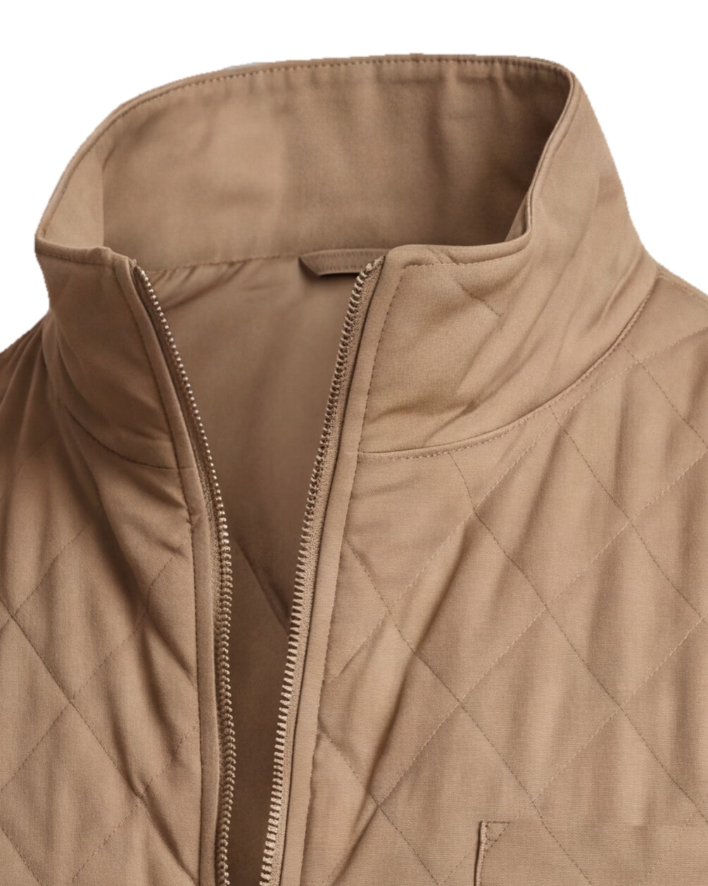 Camel Quilted Gilet, collar detail