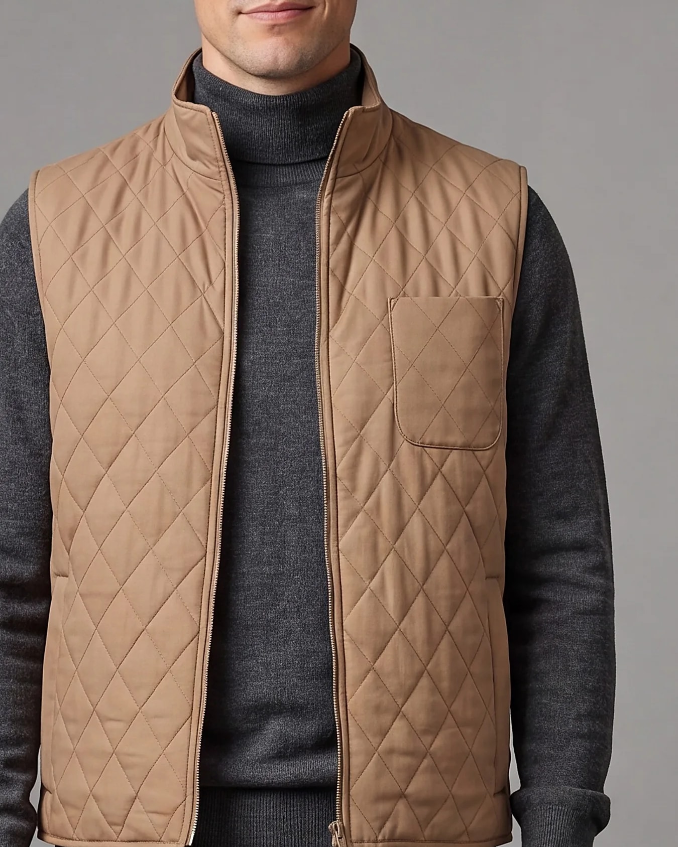 Camel Quilted Gilet, collar detail
