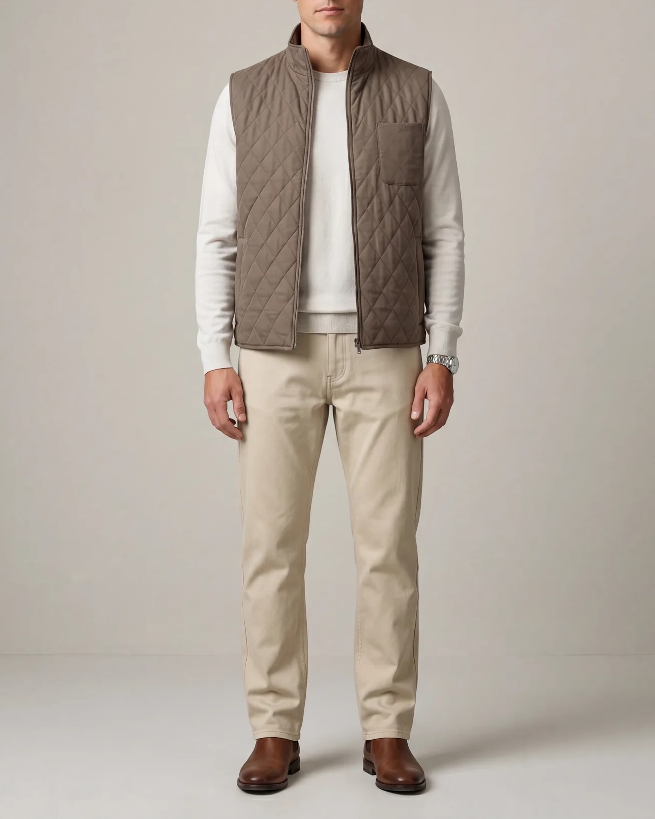 Khaki Green Quilted Gilet, on model