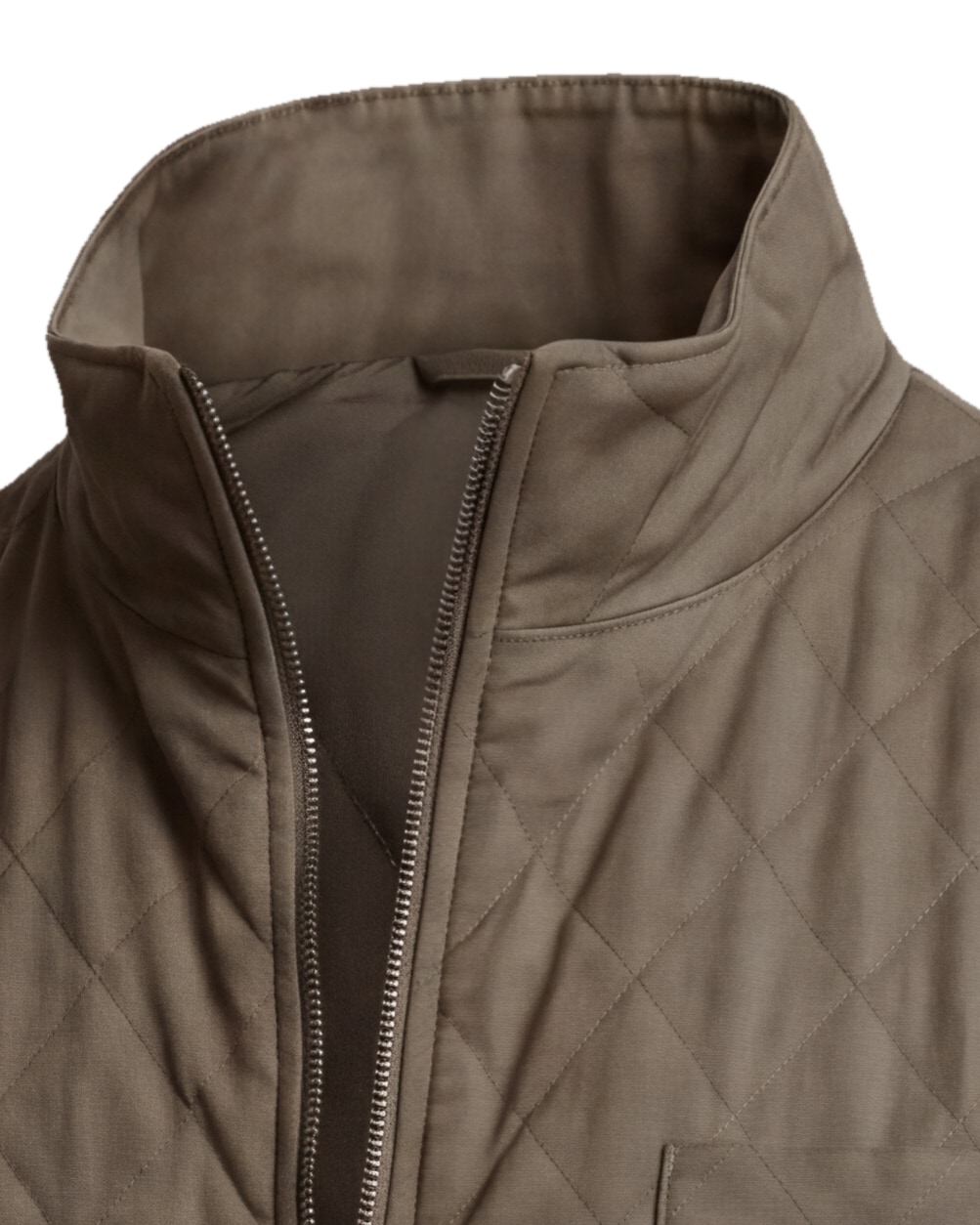 Khaki Green Quilted Gilet, collar detail