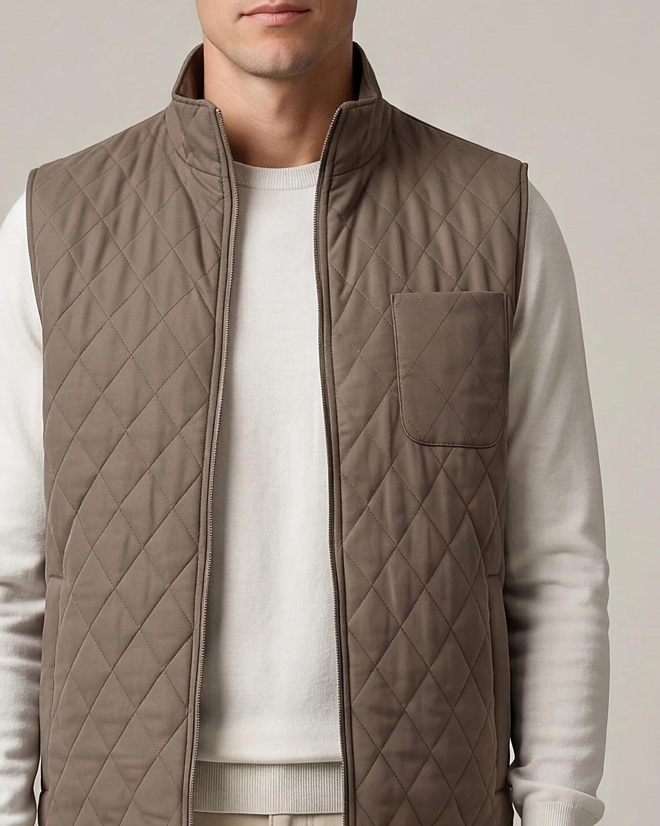 Khaki Green Quilted Gilet, collar detail