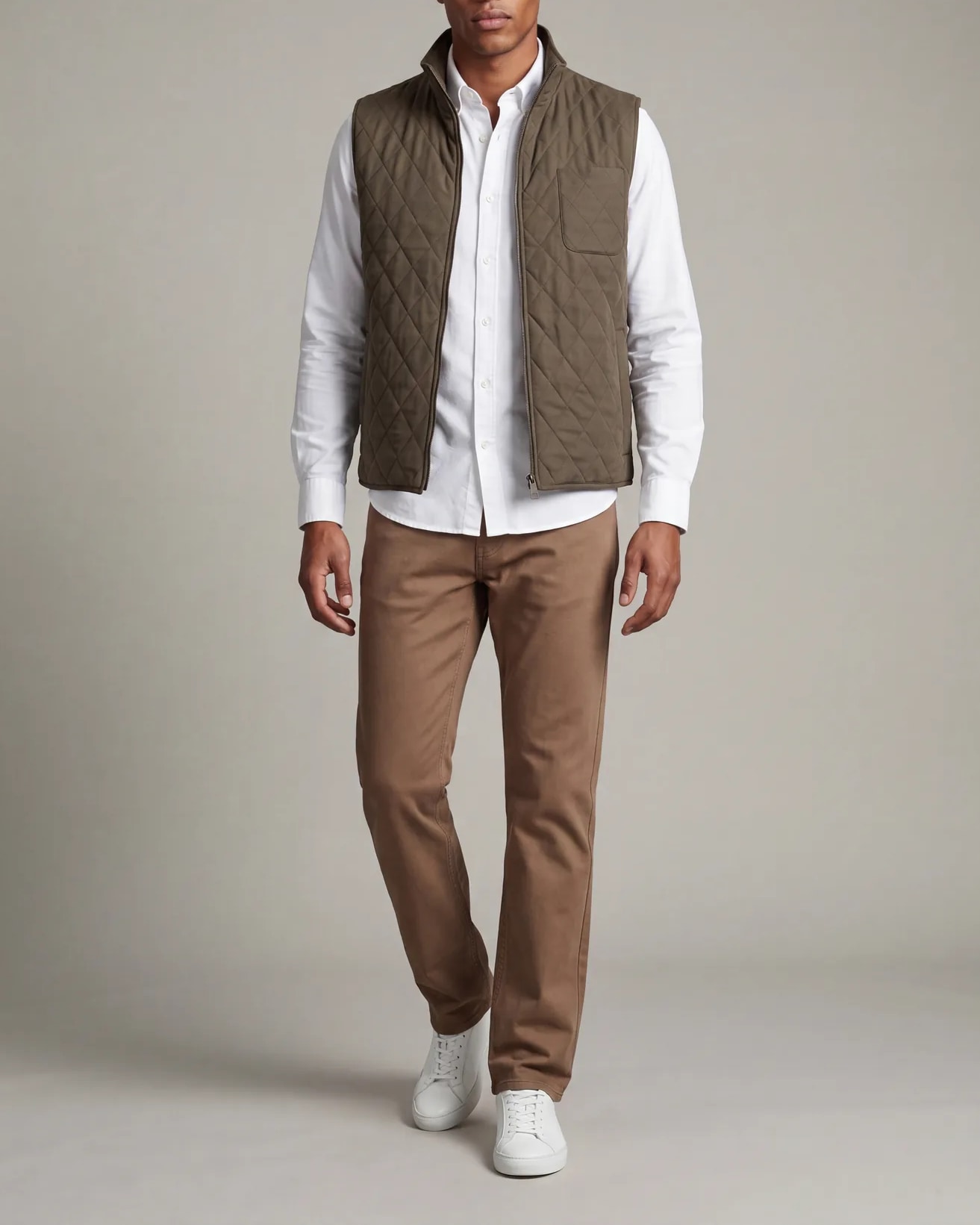 Dark Olive Quilted Gilet, on model