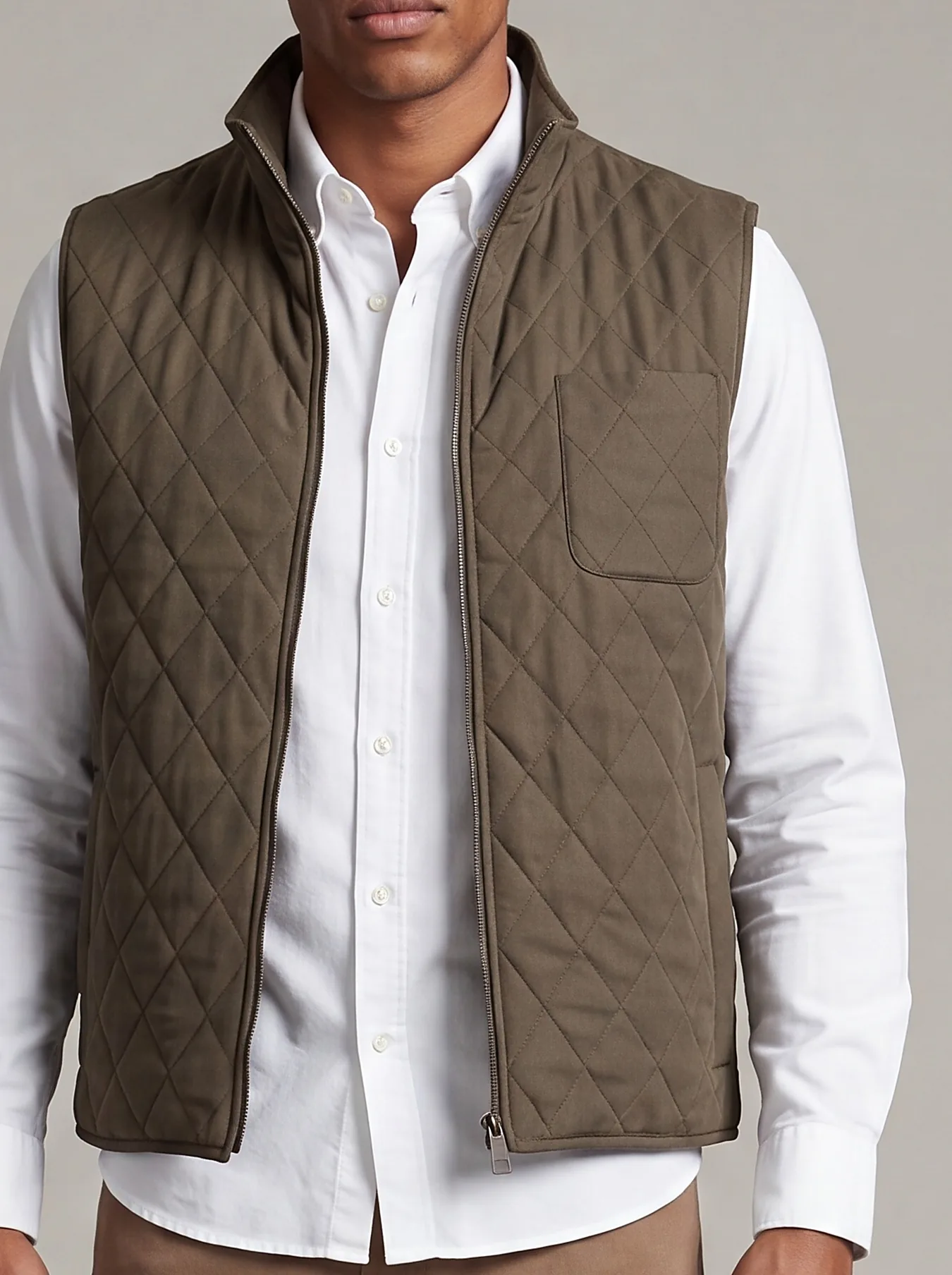 Dark Olive Quilted Gilet, collar detail