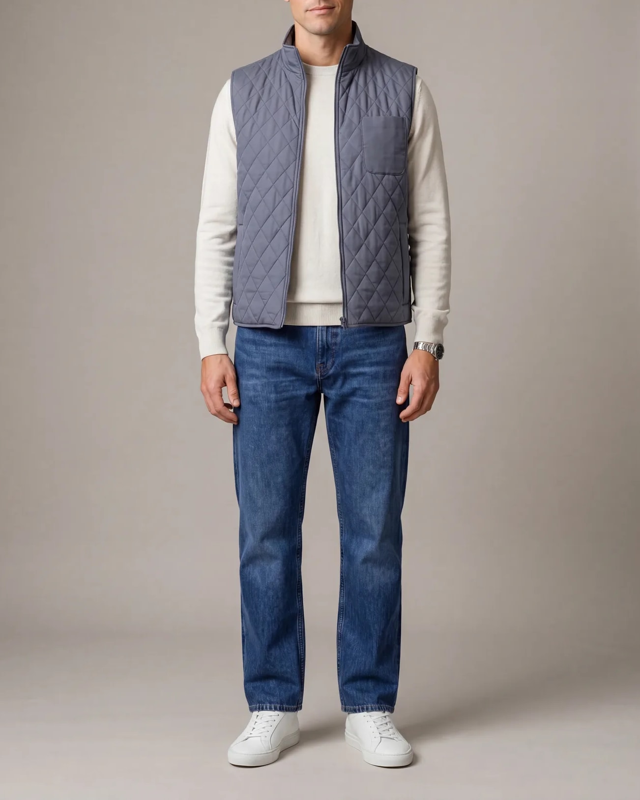 Blue-Grey Quilted Gilet, on model